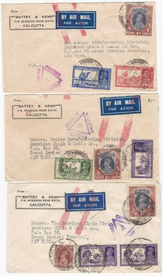 1939/40 3 Calcutta India Censored Covers To Ny Usa Airmail Deleted By Red Lines