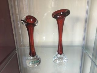 Two Red Glass Bud Vases with Controlled Bubbles and Paperweight Base 2