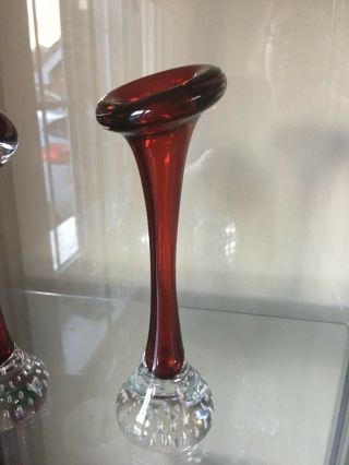Two Red Glass Bud Vases with Controlled Bubbles and Paperweight Base 3