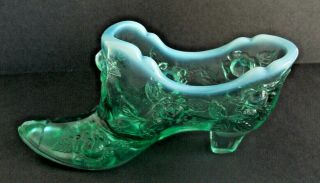Vtg Fenton Green & Frosted Blue Glass Victorian Rose Flower Shoe,  Slipper,  Boot