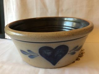 Rowe Pottery 1987 Salt Glazed Stoneware Blue Heart Crock Bowl
