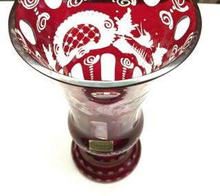 Vintage Egermann Czechoslovakia Ruby Red Etched Cut Glass Vase Stunning