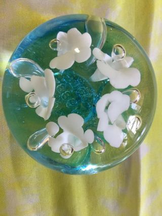Joe Rice Large Glass Paperweight White Flowers Controlled Bubbles Stamped