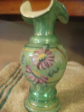 Fenton Glass Hand Painted And Signed Green Vase