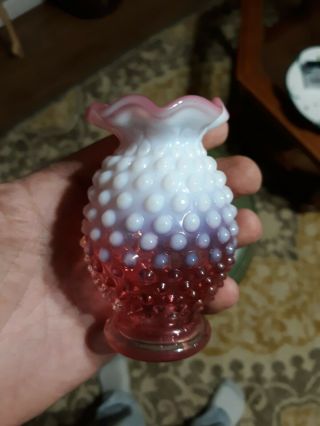 Fenton Small Vintage Cranberry Opalescent Hobnail 3 3/4” Ruffled Top Bud Vase