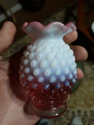 Fenton Small Vintage Cranberry Opalescent Hobnail 3 3/4” Ruffled Top Bud Vase 2