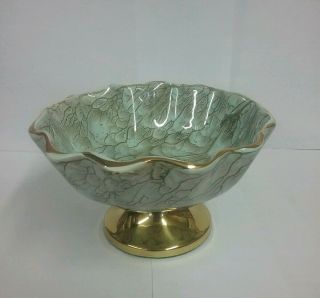 Delftware Porcelain Brass Footed Handpainted Dish Vintage Scalloped Vein Design