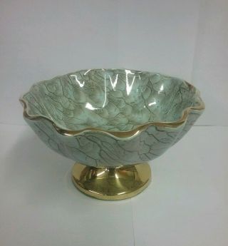 Delftware Porcelain Brass Footed Handpainted Dish Vintage Scalloped Vein Design 3