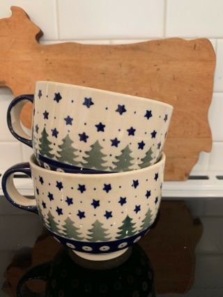 Boleslawiec Polish Pottery Stoneware 16 Oz.  Soup Mugs Christmas Pine