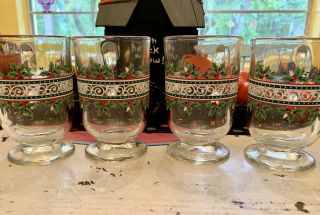 Set Of 4 Pedestal Handled Christmas Mugs By Libbey Holly Berries Irish Coffee