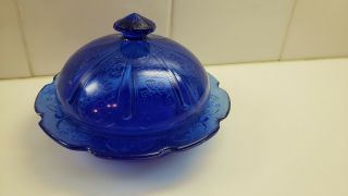 Vintage Blue Depression Glass Covered Butter Dish Round