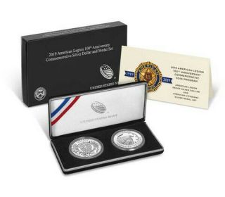 (1) 2019 Us American Legion 100th Commemorative Silver Proof 2 Coin Set Wcoa&box