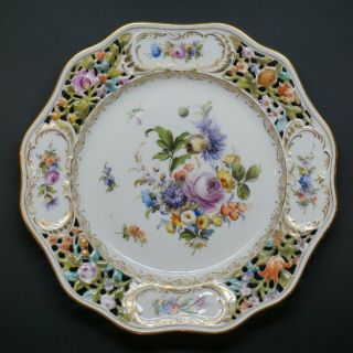 Carl Thieme Dresden Reticulated / Pierced Hand Painted Floral 10 1/4 " Plate - C