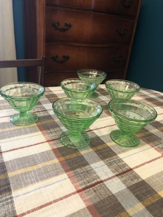 Set Of 6 Vtg Green Depression Glass Anchor Block Optic Dessert Sherbet Cups
