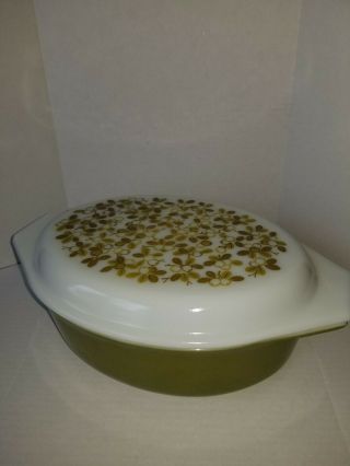 Vintage Pyrex Olive Green 2 1/2 Qt Deep Oval Casserole Dish 045 W/ Cover