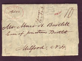 Hanover Nh - Red Double Oval W Paid Fancy Cancel - Stampless Cover W 1829 Letter