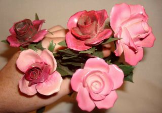 Vintage Capodimonte Porcelain Ceramic Rose Flowers Long Decorative Flexible Stem