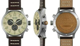 Filson Mackinaw Chronograph Watch 43mm Cream Face Stainless Steel Case Leather.