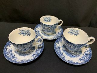 Johnson Brothers " Coaching Scenes " Blue Set Of 3 Cups & Saucers 2 3/4 "