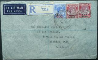 Bma Malaya 5 Nov 1946 Registered Airmail Cover - Singapore To Glasgow,  Scotland