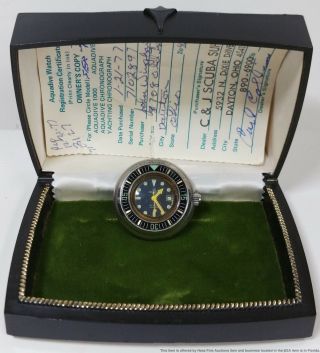 Rare 1977 Aquadive 1000 Caribbean Triple Safe Diver Watch Box Papers Bakelite