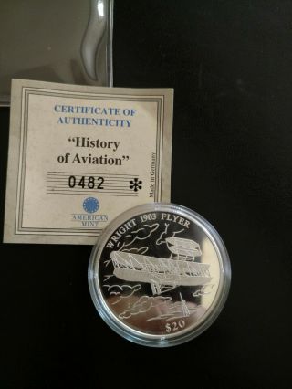 2000 Republic Of Liberia $20 Proof.  999 Fine Silver - Wright 1903 Flyer