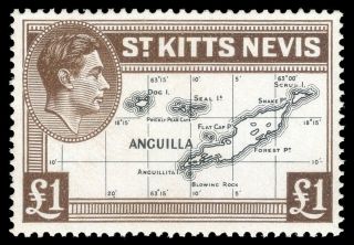 St Kitts - Nevis 1938 Kgvi £1 Black & Brown Mnh.  Sg 77f.  Sc 90.