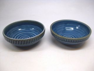 Vintage Pair 2 Handcrafted Studio Pottery Glazed Ceramic Blue Bowl Signed Hunter