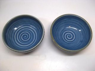 Vintage Pair 2 Handcrafted Studio Pottery Glazed Ceramic Blue Bowl Signed Hunter 3