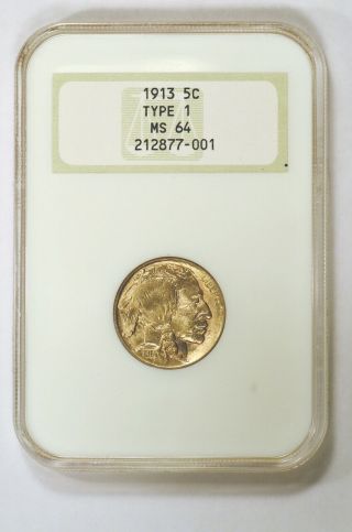1913 Philadelphia Buffalo Nickel Type 1 Graded Ms64 By Ngc In No - Line Fatty