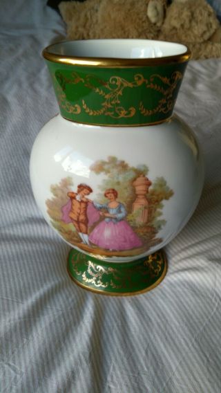 Vintage Porcelaine Limoges Vase In A Green/gold Pattern.  81/4 " Tall.