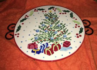 Block Basics Whimsy Handpainted Christmas Holiday Tree Round Cake Plate & Stand