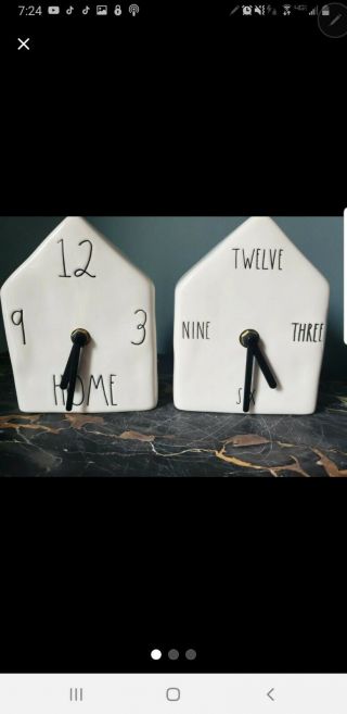 2 Rae Dunn Birdhouse Shaped Clock " Home " And Letter White/ivory W/ Black