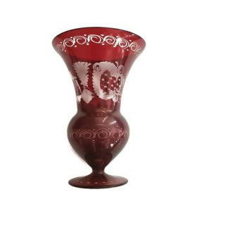 Bohemian/czech Ruby Red Cut To Clear Glass 6” Vase Etched