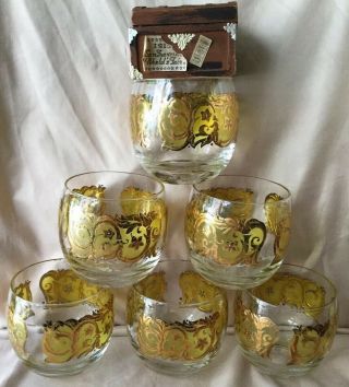 Vintage Mid Century Modern Roly Poly Rocks Glasses Gold Encrusted Set 6