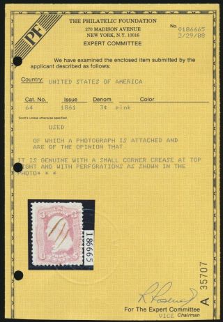 drbobstamps US Scott 64 Scarce Stamp w/PF Cert SCV $600 3