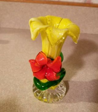Vintage Art Glass Yellow Trumpet Flower Bud Vase With Red Floral Design Small