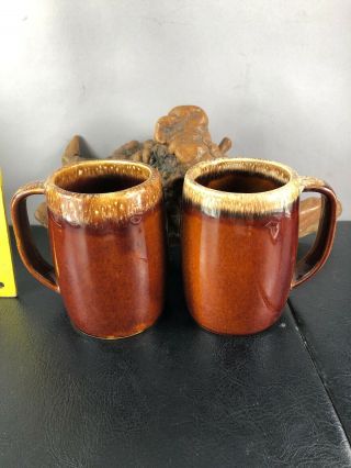 Two 5” Vintage Hull Pottery Usa Brown Drip Beer Stein/mug With Handle