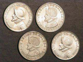 Panama 1947 - 1962 1/10 Balboa Silver Au - Unc - 4 Coins/dates