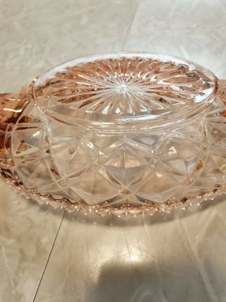 depression glass pink candy relish dish,  oval with 2 handles 3