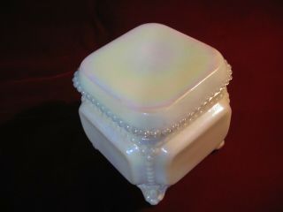 Vintage Westmoreland Opalescent Milk Glass Trinket Box,  Beaded Accents,