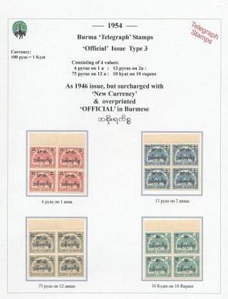 Burma 1954 Telegraph Official Blocks Mnh X 4 Mounted Margins (ad 964