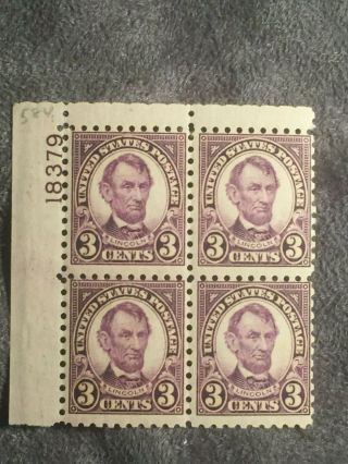 Scott Us 584 1923 - 26 3c Perf.  10 Plate Block Of 4 Stamps Mnh