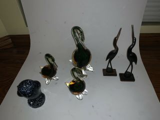 3 Vintage Italian Murano Glass Birds,  1 Swedish Glass Owl And Two Wooden Cranes