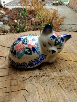 Polish Pottery Ceramic Sleeping Cat 3 " X 5 " Hand Made In Poland By Phoenix