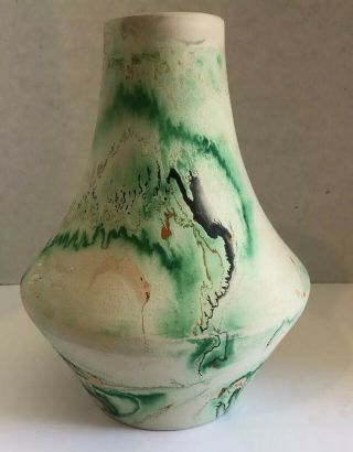 Vtg Nemadji Pottery Large Vase Pot Green Orange Cream Swirl 8.  5 " Tall Made Usa