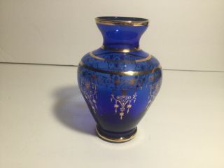 Cobalt Blue Venetian Glass Bud Vase With Gold Overlay