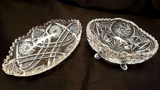 2 Vintage Pressed Cut Glass Oval Relish Dish Footed Nappy Clear Glass Daisy Sun