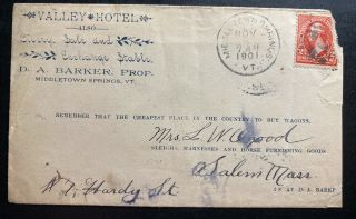 1901 Middletown Springs Vt Usa Advertising Cover To Salem Ma Valley Hotel