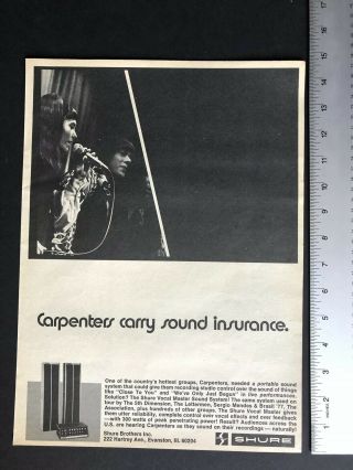 The Carpenters “shure Mikes” 1973 11x14” “sound Insurance” Promo Ad